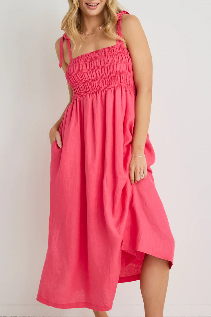 Vacation Strappy Shirred Midi Dress // Fucshia