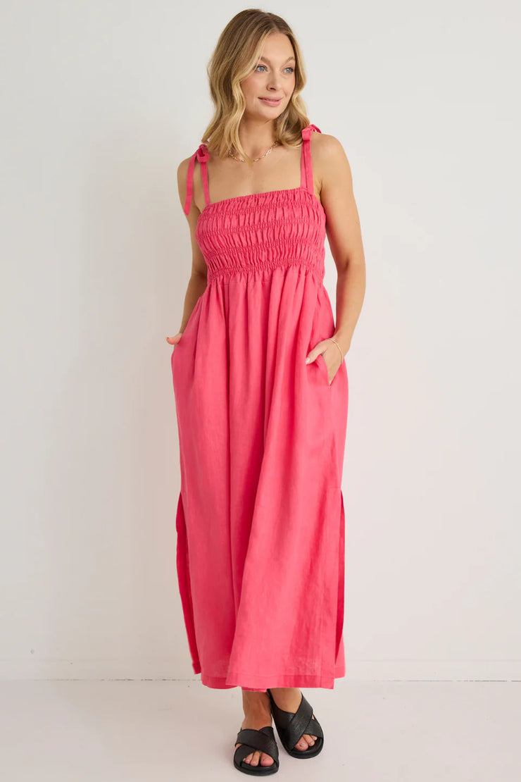 Vacation Strappy Shirred Midi Dress // Fucshia