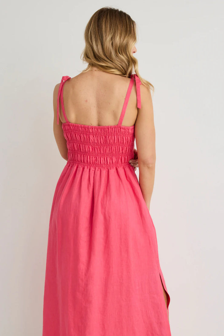 Vacation Strappy Shirred Midi Dress // Fucshia