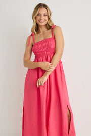 Vacation Strappy Shirred Midi Dress // Fucshia