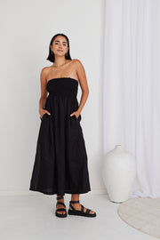 Nelle Linen Strapless Gathered Dress // Black