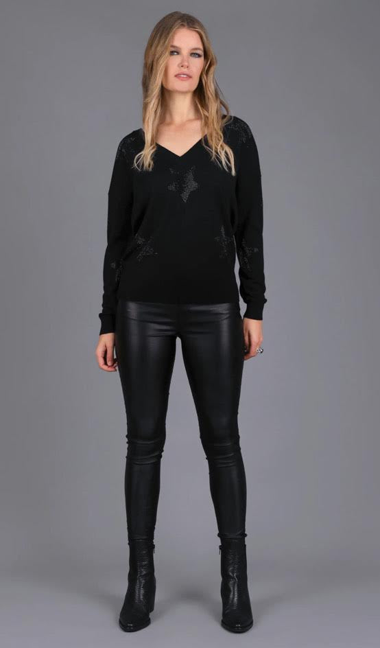 Embellished V-Neck Merino Sweater // Black