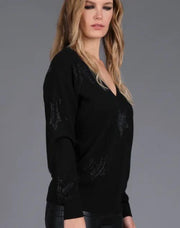 Embellished V-Neck Merino Sweater // Black