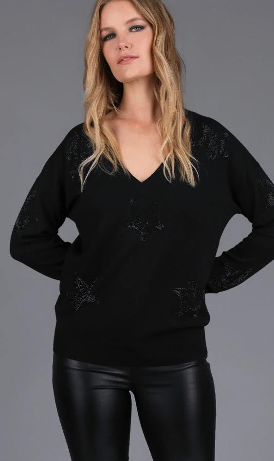 Embellished V-Neck Merino Sweater // Black